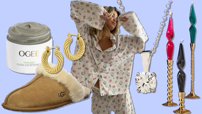 On a blue backdrop, there are various gifts for a girlfriend.